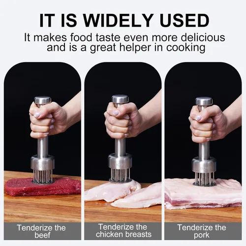 Vista 3 de Mazo Ablandador de Carne de Acero Inoxidable BQWII con 21 Agujas Agudas - Un Martillo Ablandador de Carne para Pollo y Res, Martillo de Carne