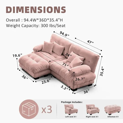 Vista 126 de Sofá Seccional Modular Extragrande de 93.7 pulgadas, Sofá de Dos Plazas Cloud Couch con Almohadas y Cojín Extra Grueso para Sala de Estar, Cine