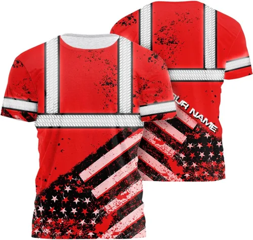 Vista 11 de Camisa de alta visibilidad de calavera con bandera de Estados Unidos para hombres, camisas de seguridad con nombre personalizado, ropa de trabajo