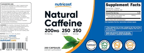 Vista 6 de Nutricost - Cafeína Natural 200 mg, 250 cápsulas vegetarianas - Sin gluten, sin OMG Sin OGM