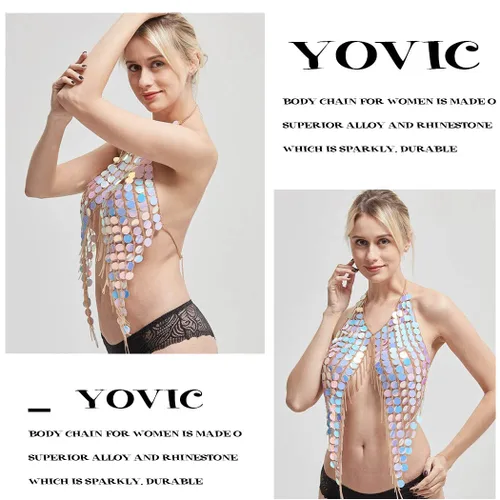 Vista 3 de Yovic Cadena de cuerpo bohemio con lentejuelas doradas, cadenas de cintura sexy con borlas, cadena de barra de borla para rave, club nocturno
