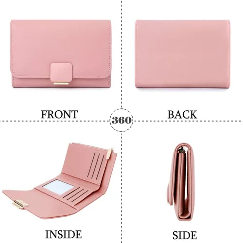Vista 2 de Cartera pequeña para mujer, tarjetero de piel sintética, bloqueo RFID, con triple pliegue, sobre con cremallera, monedero, rosa ( B - Pink ), Moda