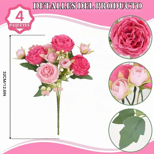 Vista 2 de ASTRYAS 4 piezas de peonías artificiales rosas de seda, flores de peonía de seda falsas, ramo de peonías artificiales de seda para centro de mesa 4