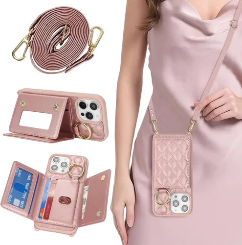Vista 35 de Funda para iPhone 14 con tarjetero y correa para mujer, cordón cruzado, espejo de maquillaje, soporte de anillo, cierre a presión, bonitas fundas