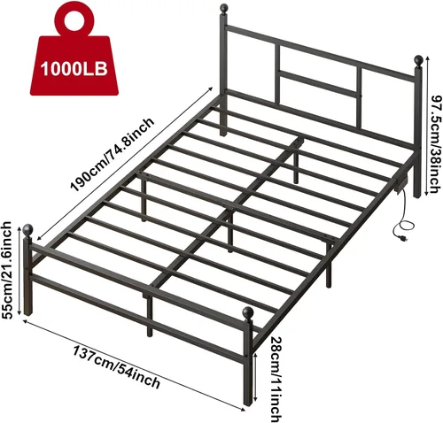 Vista 2 de Fixwal Base de cama de tamaño matrimonial con estación de carga, marco de cama de metal con puerto y toma de corriente