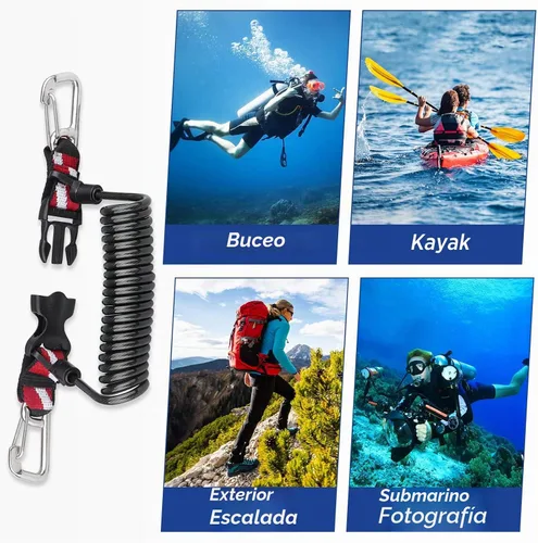 Vista 6 de Buceo Cordón retráctil, doble clips de acero inoxidable y núcleo en espiral anti-pérdida cordón con hebilla de liberación rápida 316 Stainless