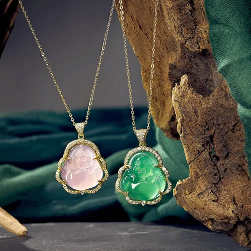 Vista 6 de MTLEE 2 piezas de collar con colgante de Buda sonriente para mujeres y hombres, collar de cadena de Buda sonriente de jade, joyería de amuleto