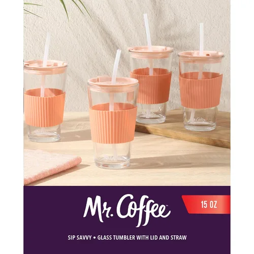 Vista 2 de Mr. Coffee Sip Savvy - Paquete de 4 vasos de vidrio rosa rubor de 15 onzas con tapas y pajillas, reutilizables para café helado, aptos