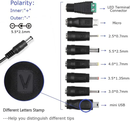 Vista 4 de Adaptador de corriente universal de 5V 2A con 8 puntas de enchufe, fuente de CA/CC, cable de 6.5 pies 8 interchangeable tips for routers, LED
