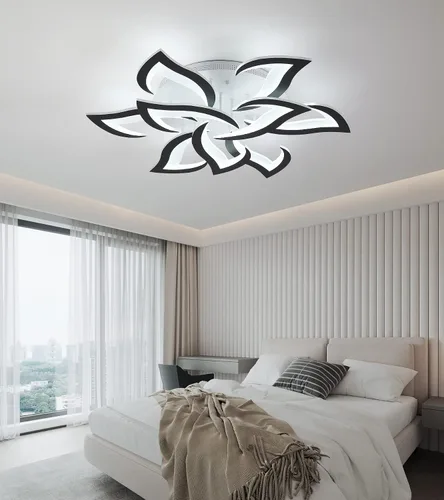 Vista 5 de MEIXISUE Lámpara de techo moderna con flor LED en negro, accesorios de iluminación de techo montados con control remoto para sala de estar