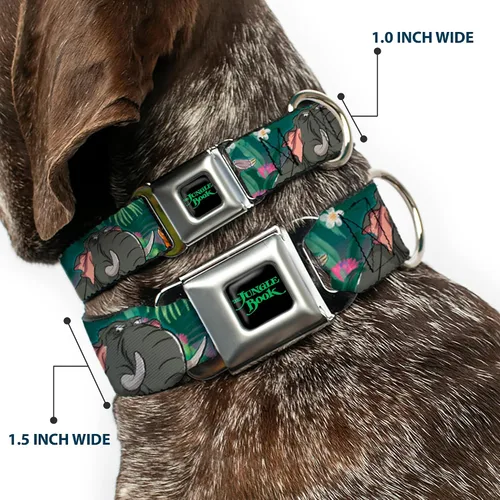 Vista 2 de Buckle-Down Collar de perro con hebilla de cinturón de seguridad The Jungle Book 8 Character Group Greens 9 a 15 pulgadas 1.0 pulgadas de ancho, 1