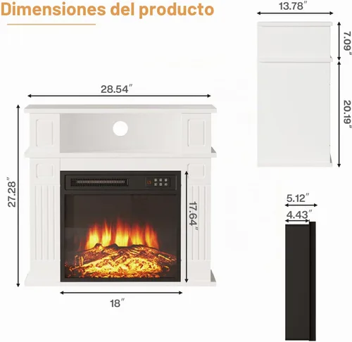 Vista 2 de Chimenea eléctrica de 28 pulgadas con repisa, chimenea LED pequeña con inserto de chimenea de 18 pulgadas, llama realista 3D, chimenea portátil