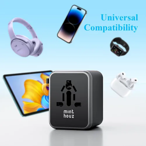 Vista 4 de Minthouz Adaptador de viaje universal, adaptador de corriente internacional de 35 W, cargador rápido GaN PD con 2 puertos USB-C PD y 2 puertos