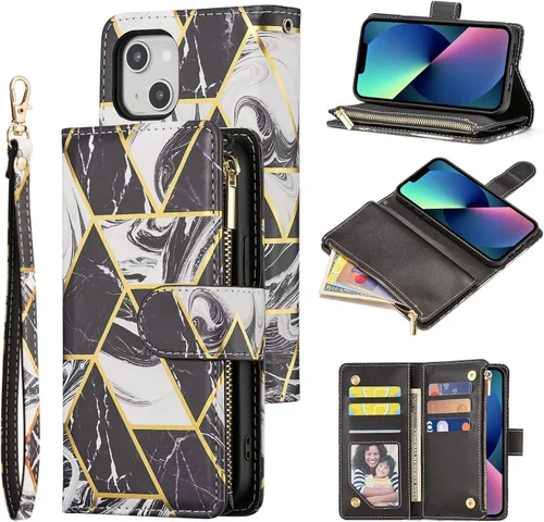 Vista 10 de UEEBAI Funda tipo cartera para iPhone 14 Plus, Funda de cuero PU Cierre magnético Bolso con cremallera Estuche de bolsillo con cremallera Ranuras