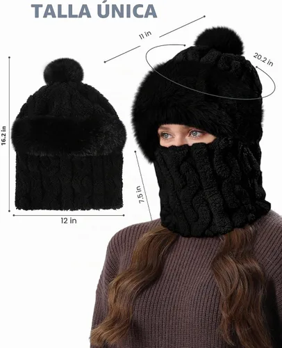 Vista 4 de Winter Hats and Scarf Set for Women One Piece Hat Beanie Negro