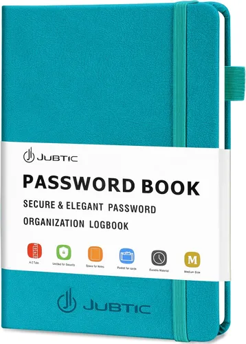 Vista 12 de JUBTIC Libro de contraseñas con pestañas alfabéticas, pequeña libreta de contraseñas con bolsillo interior, registro de inicio de sesión