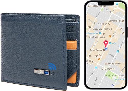 Vista 9 de Cartera para hombre con rastreador funciona con iOS y Android, billetera con billetera plegable de cuero auténtico, 8 tarjetas y 1 ventana para Negro