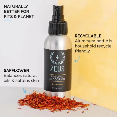 Vista 2 de ZEUS Desodorante corporal natural en aerosol para hombres, sin aluminio, apto para veganos, nutritivo para la piel con aceite de cártamo, suave