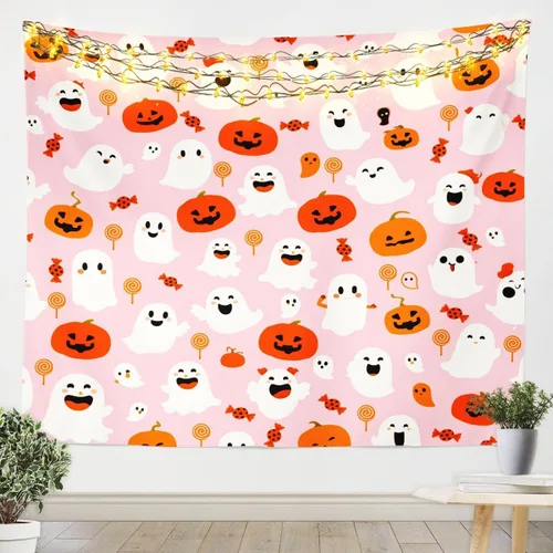 Vista 19 de Feelyou Halloween Wall Art for Bedroom Living Room Cartoon Ghost Tapestry Decoration for Kids Boys Girls Red Tapestry Wall Hanging Ghost Festival