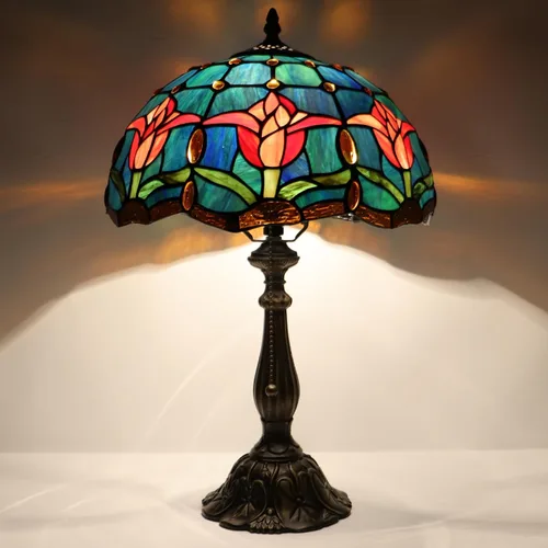 Vista 10 de Tiffany Lamp Stained Glass Table Lamp Bedside Reading Light W12H19 Inches (Sea Blue Dragonfly Style)