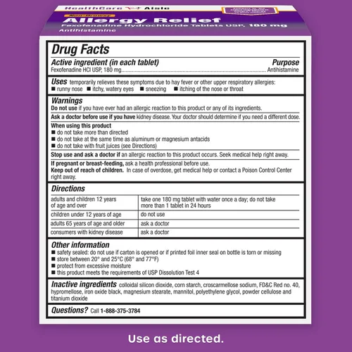 Vista 5 de HealthCareAisle Alivio de la alergia: tabletas de clorhidrato de fexofenadina USP, 180 mg, 90 tabletas, medicamentos para la alergia, alivio sin