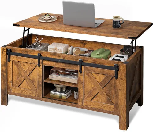Vista 10 de WLIVE Mesa de Centro con Tapa Elevable, Mesa de Centro Estilo Granja de 39.4 pulgadas con Gran Compartimento de Almacenamiento Oculto, Puertas