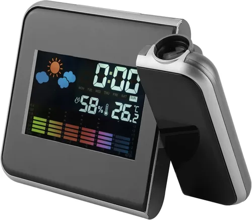 Vista 7 de Akozon Reloj despertador de proyección Digital LED Pronóstico del tiempo Calendario Pantalla Reloj despertador Temperatura Humedad Monitor Medidor
