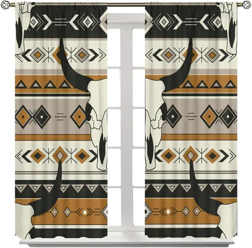 Vista 111 de Cortinas con patrón geométrico tribal, estilo suroeste, azteca, rústico, occidental, nativo americano, opacas, con bolsillo para barra, decoración