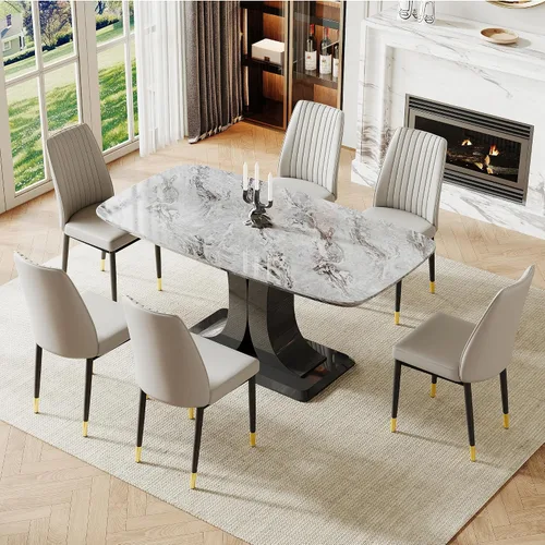 Vista 9 de Juego de mesa de comedor moderno para 6, juego de mesa de cocina y sillas de mármol para 6, mesa de cocina rectangular con 6 sillas tapizadas