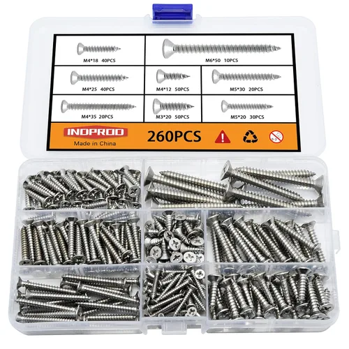 Vista 12 de Tornillos de madera autorroscantes de cabeza plana M3/M4/M5, kit de sujetadores surtidos de 270 piezas, tornillos autorroscantes de cabeza acero al