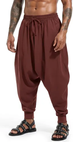 Vista 7 de perdontoo Pantalones harén para hombre, ajuste holgado, cintura elástica, cordón ajustable, pantalones hippie Aladdin beige