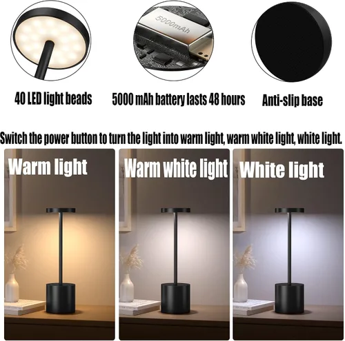 Vista 5 de Pack de 2 lámparas de mesa inalámbricas, lámpara de escritorio recargable con batería LED de 5000 mAh, metálica, USB, portátil, lámpara de mesa