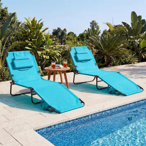 Vista 2 de GYMAX Silla de bronceado, silla de playa de 350 libras con agujero para la cara, almohada lavable y correa de transporte, tumbona plegable Ártico