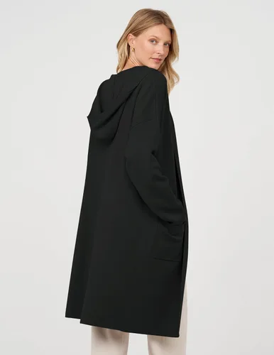 Vista 4 de MEROKEETY Cárdigan largo con capucha para mujer, de gran tamaño, parte delantera abierta, con bolsillos