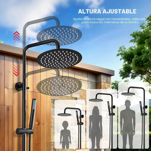 Vista 6 de gotonovo accesorios de ducha al aire libre SUS304 de acero inoxidable, kit de ducha de lluvia de alta presión, montaje en pared, 2 funciones Negro