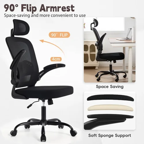 Vista 7 de Silla de oficina ergonómica con soporte lumbar ajustable 3D, respaldo alto de malla, reposacabezas giratorio de 75°, función mecedora, capacidad
