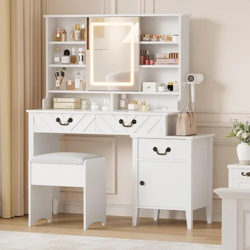 Vista 5 de GarveeHome Escritorio de tocador con espejo deslizante y luces, tocador de maquillaje blanco con taburete, tocador retráctil con tomacorriente