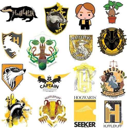 Vista 4 de Harry Potter Hufflepuff Theme - Calcomanías de vinilo de 50 unidades – Crestas de casa, símbolos de tejón y diseños de personajes para laptop