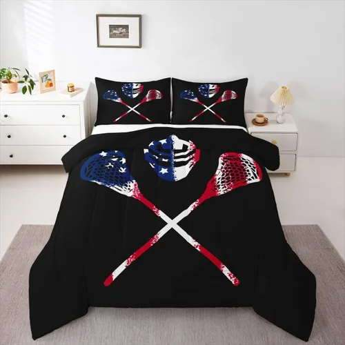 Vista 7 de Lacrosse - Juego de edredón de juegos deportivos para niños y niñas, jugadores de hockey, relleno de edredón ligero de hockey negro con llama