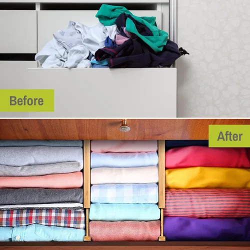 Vista 6 de Organizador de cajones de bambú ajustable y expandible - Separadores de cajones ideales para cocina, tocador, dormitorio y baño - Organizador