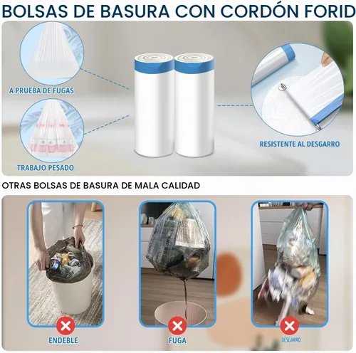 Vista 4 de FORID Mini Bolsas de Basura con Cordón - Bolsas de Basura Pequeñas de 2 Galones para Baño, Bolsas de Basura de Plástico Blanco, Forros para Bote