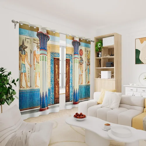 Vista 3 de Renaiss Cortinas egipcias, mural egipcio antiguo, figura mitológica histórica, pirámide, tratamiento de ventana, 45 pulgadas de alto x 29 pulgadas