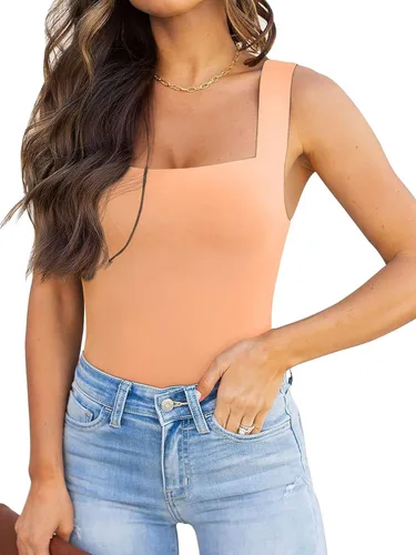 Vista 71 de Reoria - Camiseta sin mangas sexy tipo body con escote cuadrado para mujer, ropa para discoteca