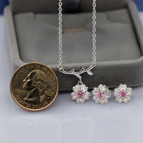 Vista 6 de Uloveido Juego de pendientes y collar de flores de piedra de cristal rosa púrpura para mujeres nupciales chapado en oro blanco DT340
