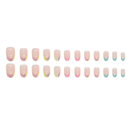 Vista 4 de Uñas postizas cortas redondas SWEKKE de verano, punta francesa, uñas postizas de cobertura completa, uñas adhesivas de color rosa, azul, punta