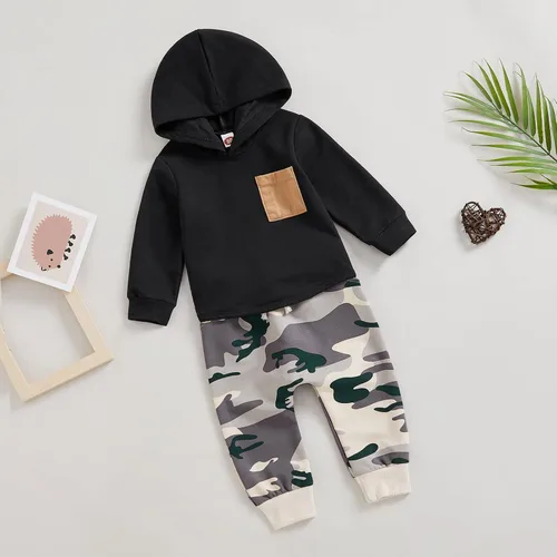 Vista 80 de Ropa de bebé niño 3 6 9 12 18 24M 3T Conjunto de pantalones con capucha patchwork sudadera con capucha pantalones de rayas traje de otoño invierno