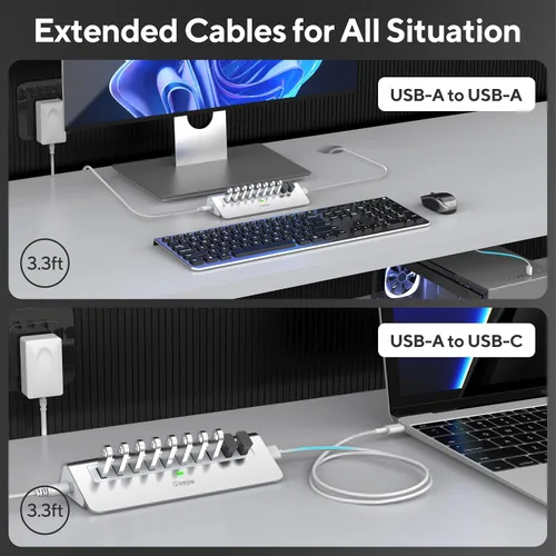 Vista 6 de Hub USB alimentado, intpw Hub USB de 10 puertos 3.1 con transferencia de datos de 10Gbps, adaptador de alimentación de 36W (12V/3A), cable USB tipo