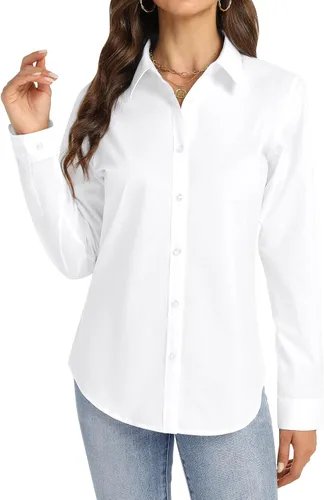 Vista 3 de J.VER Camisa de vestir de manga larga con botones para mujer, blusa de trabajo elástica y sólida