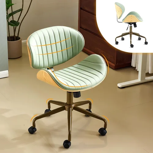 Vista 11 de VINGLI Silla giratoria de oficina en casa amplia y cómoda con carcasa curvada de grano de madera, silla de escritorio ergonómica acolchada sin negro
