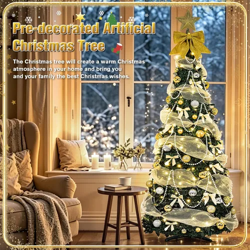 Vista 2 de Decoración de árbol de Navidad dorada preiluminada de 6 pies con Árbol artificial plegable con 150 luces LED cálidas, predecorado, fácil de montar